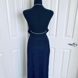 💙 New! 2 Pc Sexy Silver Chain Halter Cowl Neck Blue Sparkle Top & Skirt Size L