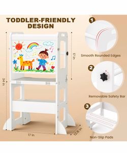 Wood e 4-in-1 Toddler Kitchen Step Stool, Learning Standing Tower with Whiteboard, Wooden Kitchen Stool Helper for Kids, 1-3 Year Old Boy Girl Gifts-W