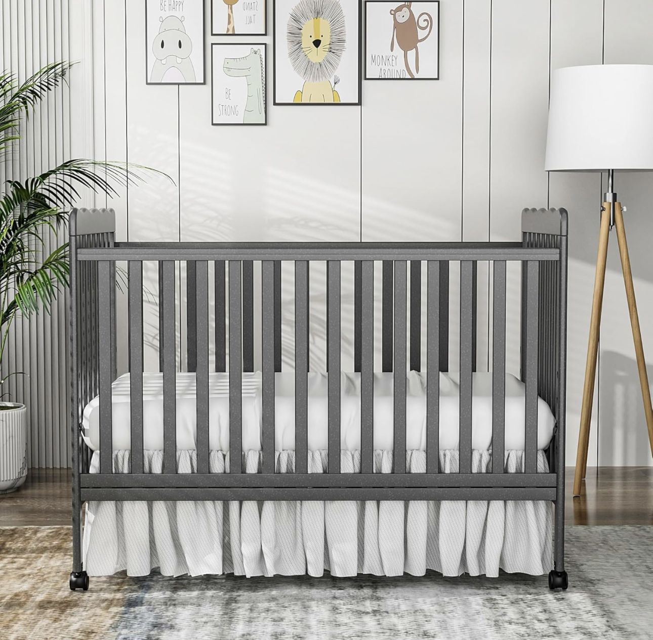 Full Size Baby Crib, 3-in-1 Convertible Toddler Infant Crib with Locking Wheels, Four Adjustable Mattress Height Positions, Non-Toxic Finish Grey)