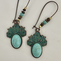 New Turquoise Inlaid Beaded Dangle Earrings. 