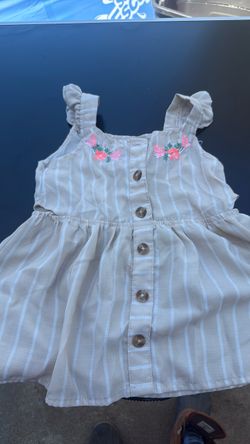 Girls Striped Floral Embroidered Button Dress