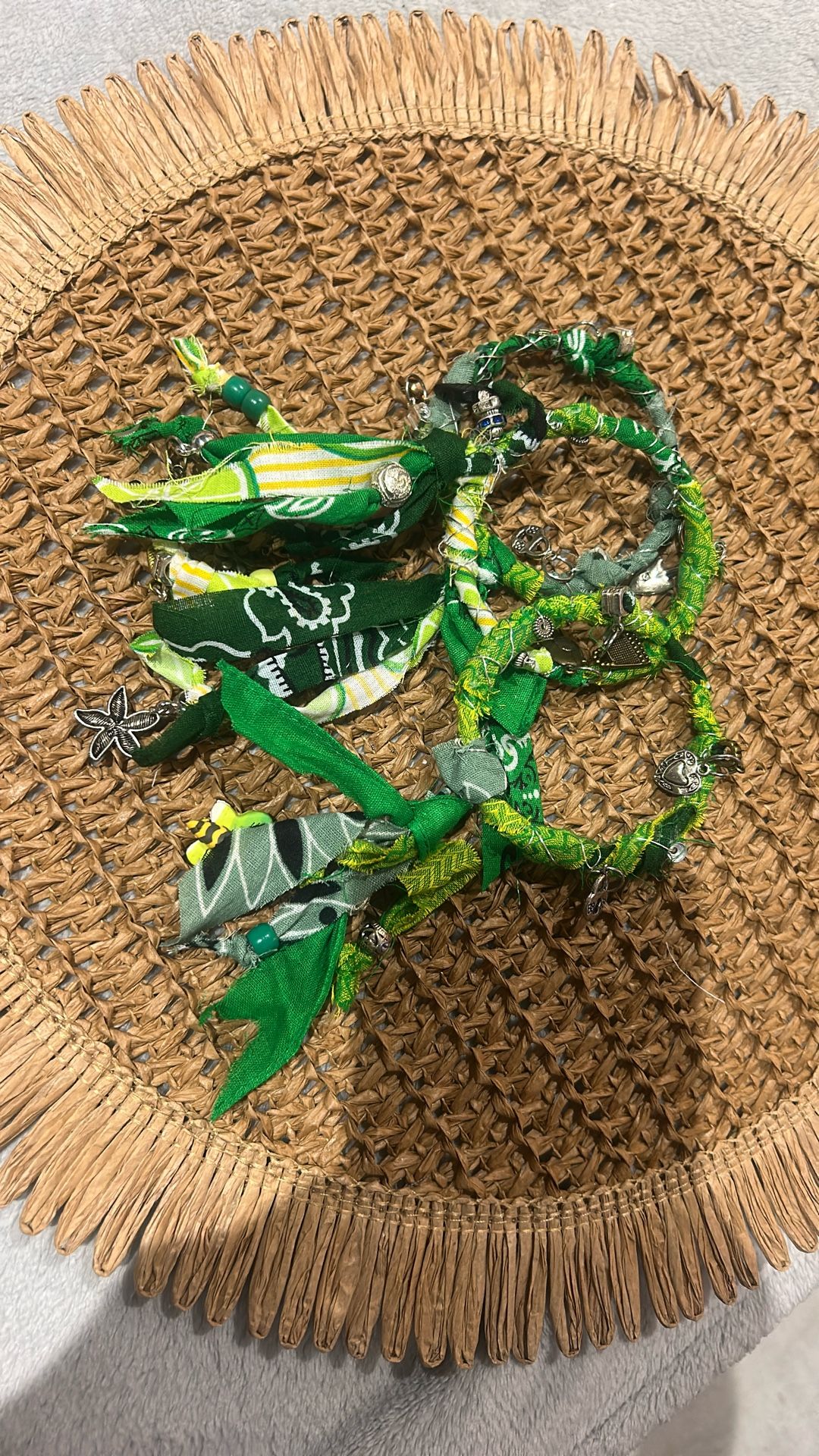 Bangles Trio Green Fabric Bracelet Charms