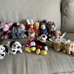 Disney Plush Lot Winnie The Pooh Mickey Mouse The Lion King 101 Dalmatian Lady and the Tramp