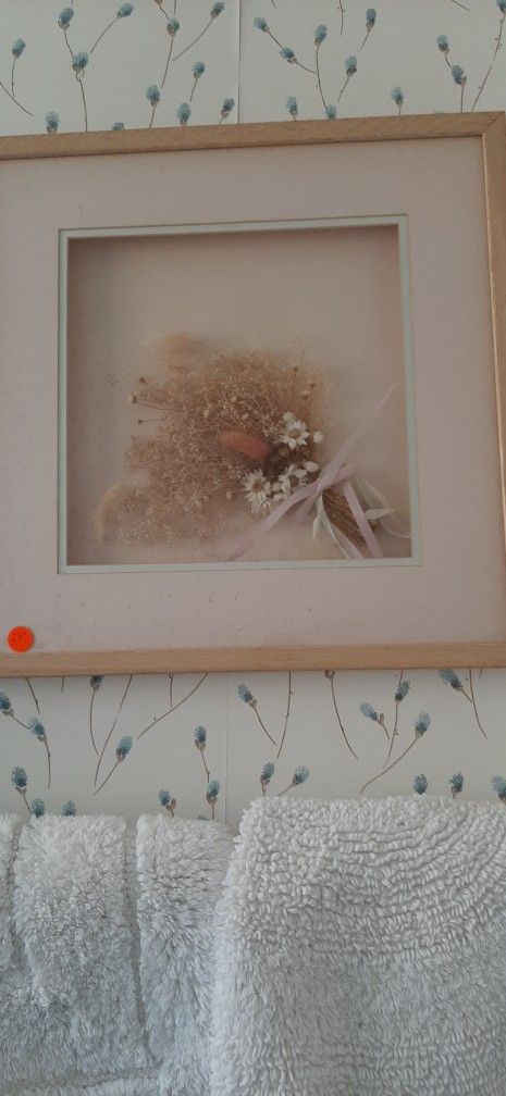 Framed dried floral art work. pink