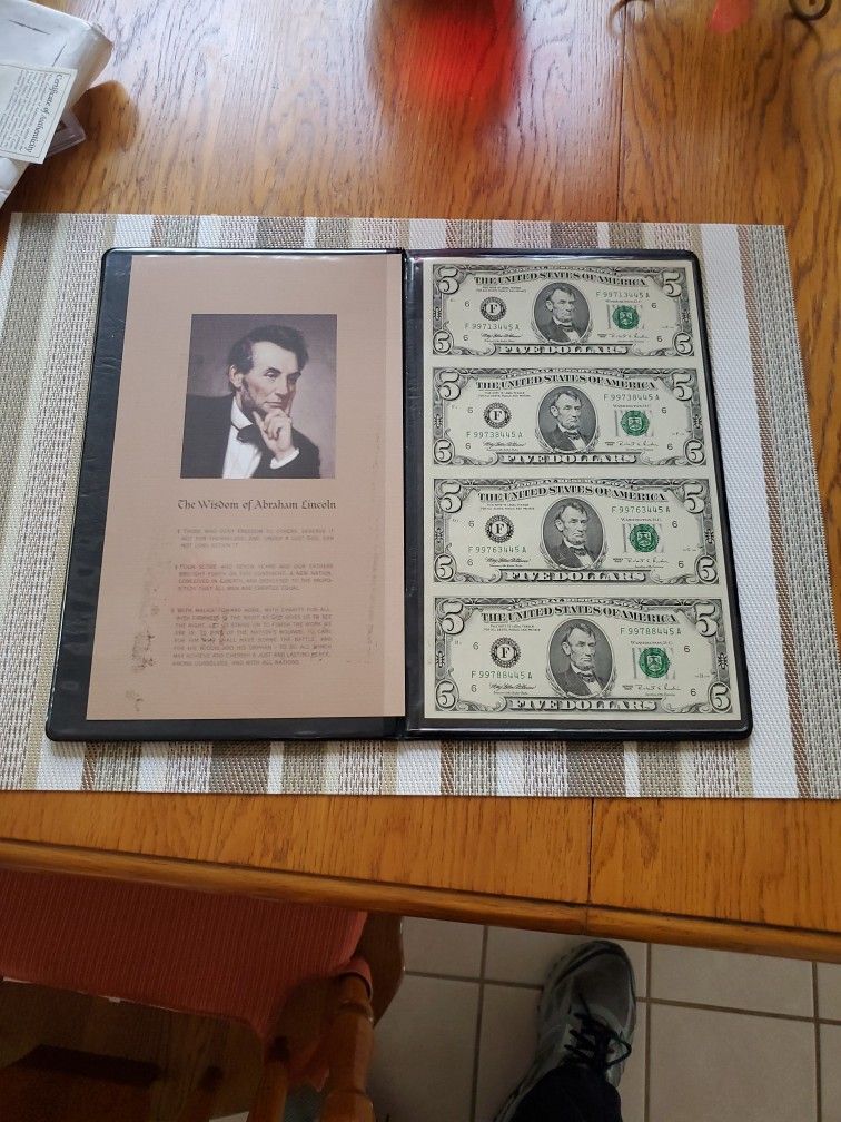 4 Abe Lincoln Uncut $5 Bills