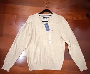 Tommy Hilfiger Mens Pullover Sweater Small Sweatshirt V-Neck Beige Tan Sz S