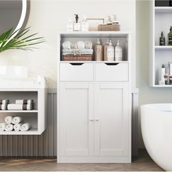 Floor Storage Cabinet, Bathroom Storage Organizer with Doors and Drawers, Freestanding Side Cupboard Pantry with Adjustable Shelf for Bathroom/Kitchen