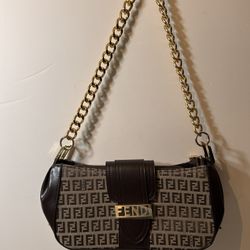  Brown leather &Tan cream  canvas Bag Clutch With gold Studs with brown logo  with one chain strap 