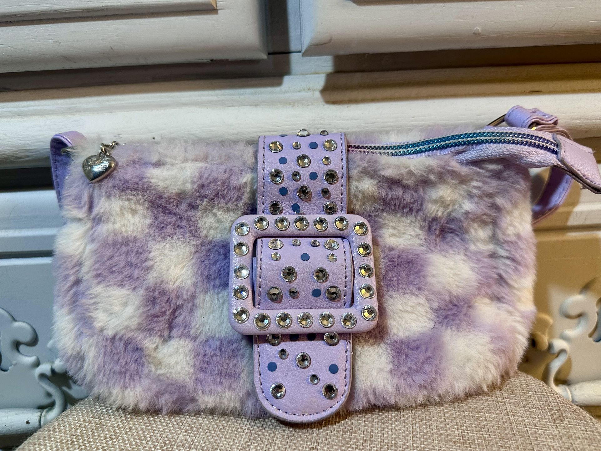 Purple & White Checkered Furry Purse