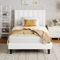  Twin Bed Frame/Velvet Upholstered Bed Frame with Vertical Channel Tufted Headboard/Strong Wooden Slats/Platform Bed Frame/Mattress Foundatio