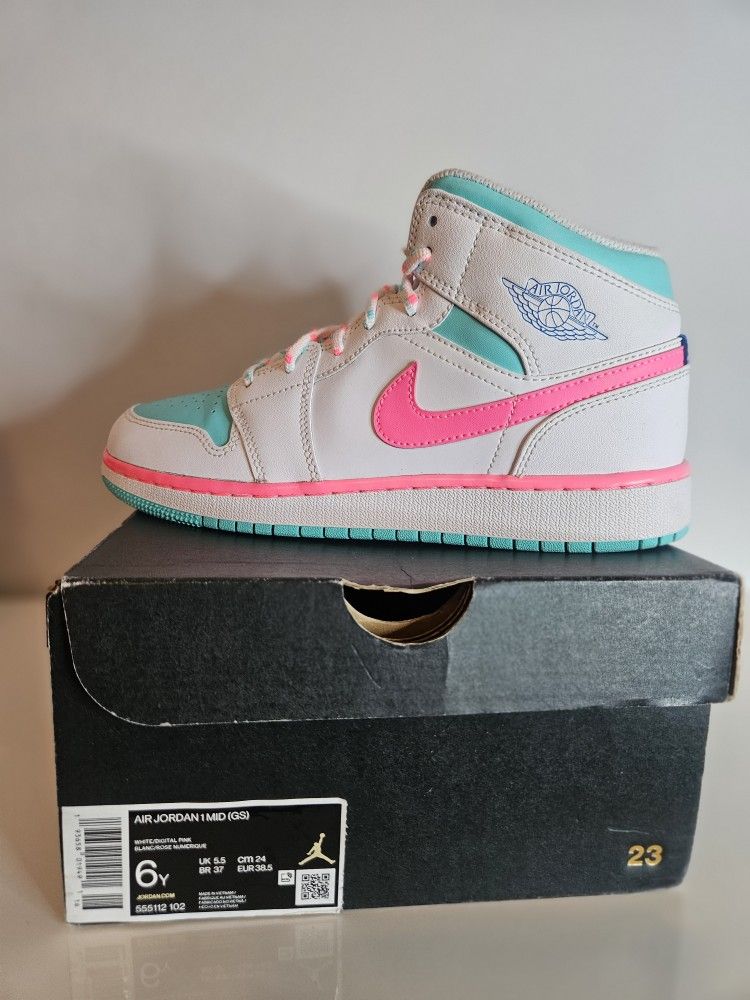 Jordan 1 Mid White Pink Green Soar (GS) 6y