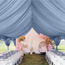 6 Panels Dusty Blue Ceiling Drapes for Wedding 5ftx30ft Chiffon Fabric Arch Draping Curtains Sheer Drapery for Party Ceremony Birthday 
