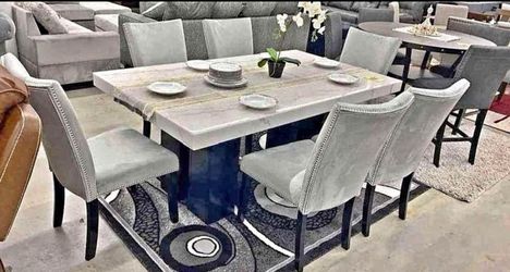 Gray Genuine Marble Table with 6 Chairs. Brand New.