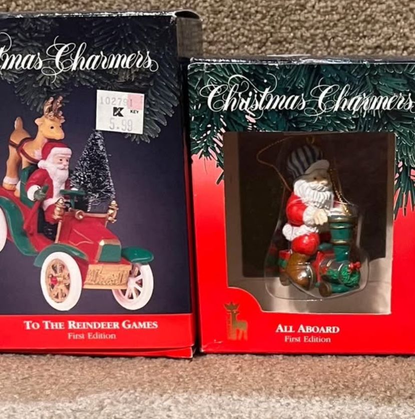 Vintage Christmas Charmers Ornaments Santa in Car & Train lot of 2