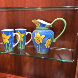 Hand-painted Pitcher And 2 Mugs