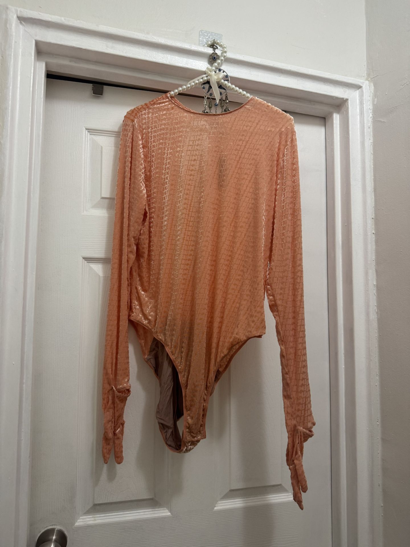 SKIMS Size 4X Velvet Glove Bodysuit With Gloves Peach Orange Gloved Logo