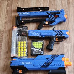 There are 3 Rival Nerf guns a XVI-1200 a MXV-1200 and a XV-700 with one magazine clip and over 40 shots.