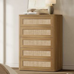  Tall Dresser for Bedroom - Rattan 5 Drawer Dressers Chest of Drawers with Push-to-Open Design, Modern Extra Deep Clothes Dresser with Large Storage f