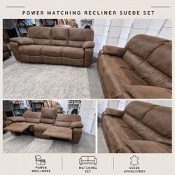 Delivery Options Available
Power matching recliner set in brown suede.