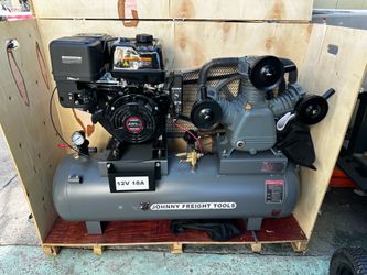 Powerful Johnny Freight Tools air compressor, 30 gallon electric start. Has a Loncin 420cc gasoline engine. Comes with a 12V 18A MightyMax battery. On
