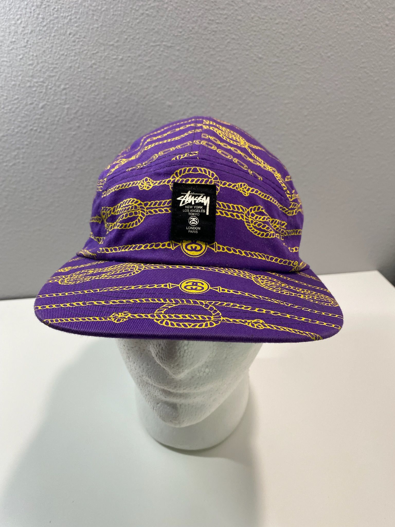 Vintage Stussy Capz Purple 5 Panel Strapback Hat Cap Gold Chain Rope Knot Logo