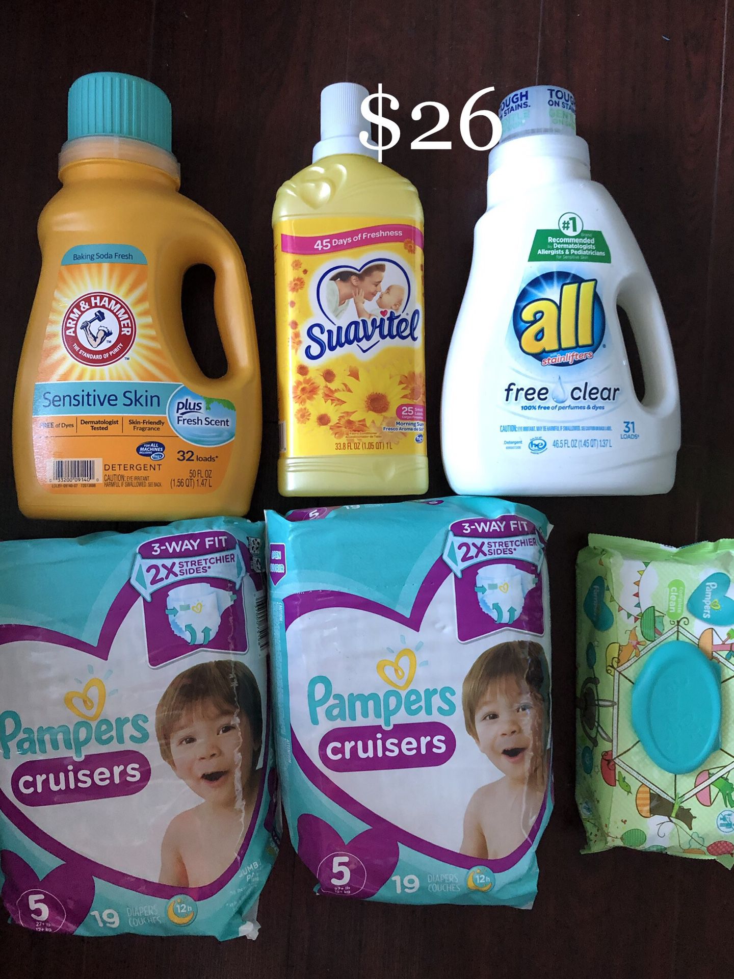 2 Pampers Diapers, 1 Baby Wipes, 1 Arm & Hammer & All Laundry Soap, 1 Suavitel Softener: 6 items $26