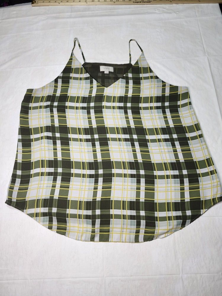 Women's LOFT Outlet Plaid Cami Tank in green, white, and yellow Great Condition