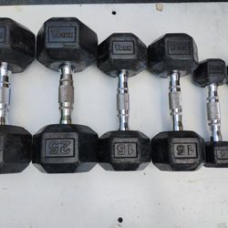 YORK RUBBER USED HEX  DUMBBELLS  (PAIRS OF)  :  25s  15s  5s  