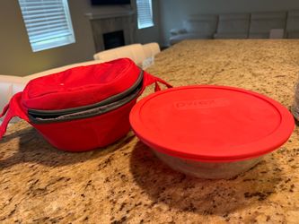Pyrex Glass Bowl with Red Lid and Carrier Bag