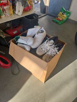 Box of boy clothes sizes 8. 3 pairs of men shoes sizes 11