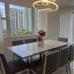Modern Marble Dining Table with 8 Sleek Chrome & Grey Leather Chairs – Used, good condition