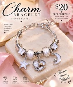 Moon  heart star charm bracelet -Silver plated