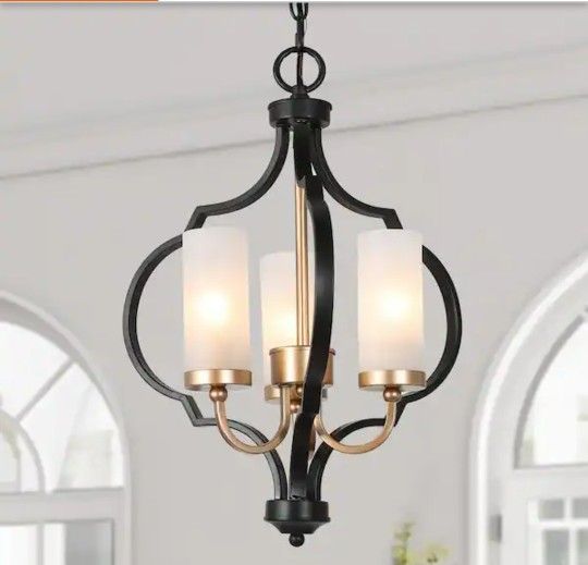 LNC Modern 3 Light Black and Gold Chandelier with Glass Shade Candlestick Pendant Light