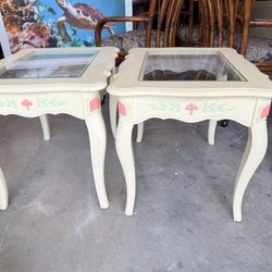 Vintage Floral Glass-Top Side Tables – Set of 2