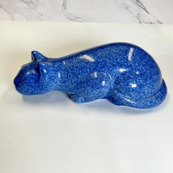 VTG Large Cat Blue Spongeware Decor Crouching Porcelain Figurine Kitty By Calico