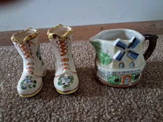 Handpainted Windmill Creamer & Boot Toothpick Holders 
