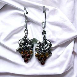 Sterling Silver 925 Amber Multi-Stone Earrings with Grapevine Design