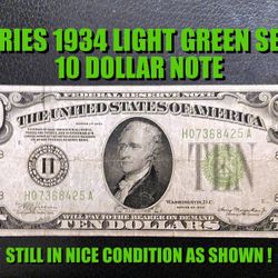 SERIES 1934 RARE LIGHT GREEN SEAL 10 DOLLAR FRN IN NICE CONDITION AS SHOWN !