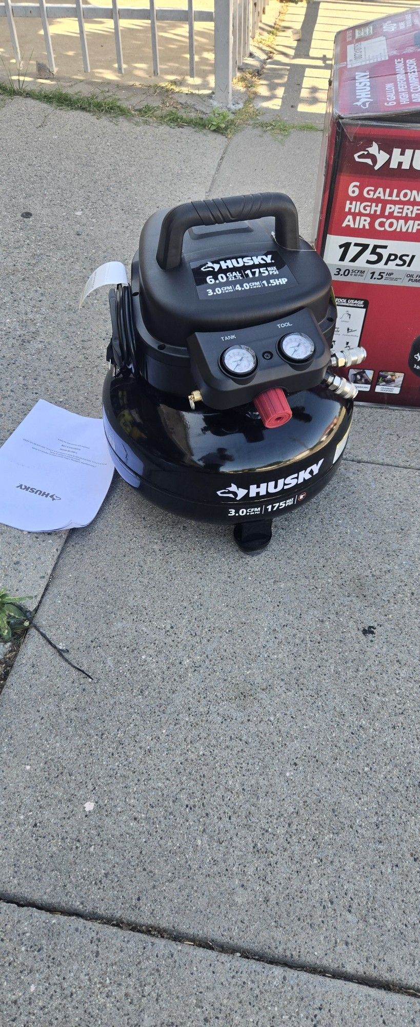 Husky
6 Gal. 150 PSI Portable Electric Oil-Free Jobsite Pancake Air Compressor with Dual Pressure Gauges and 2-Quick Couplers