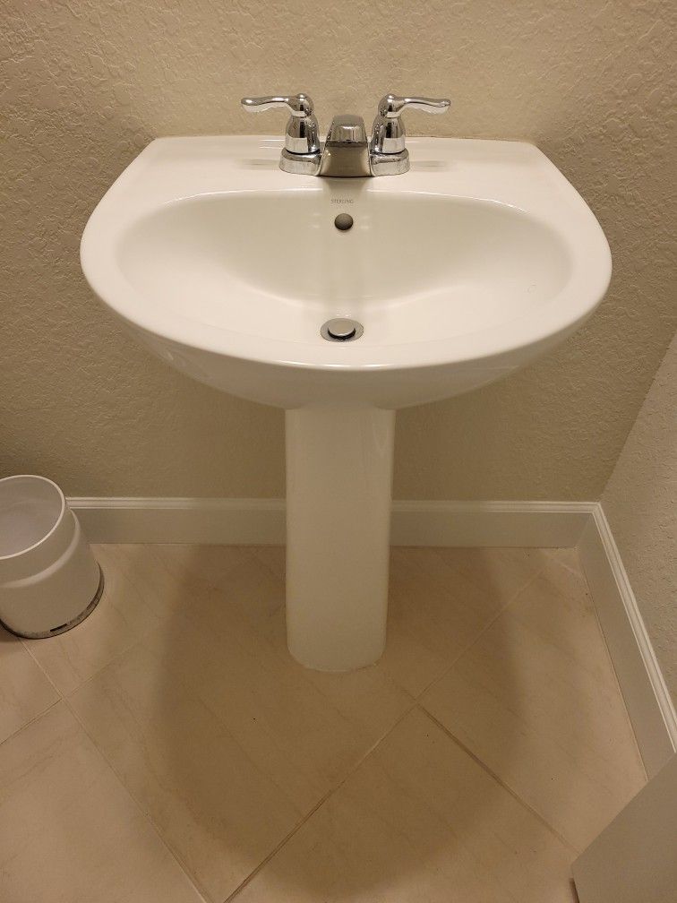 STERLING PEDESTAL SINK MINT CONDITION PAID $309 plus tax see pics for specs. Includes FAUCET