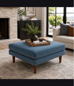 Blue Upholstered Square Ottoman with Wood Legs