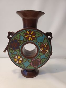 Antique Japanese Champleve Enamel Bronze Moon Flask Pilgram Vase