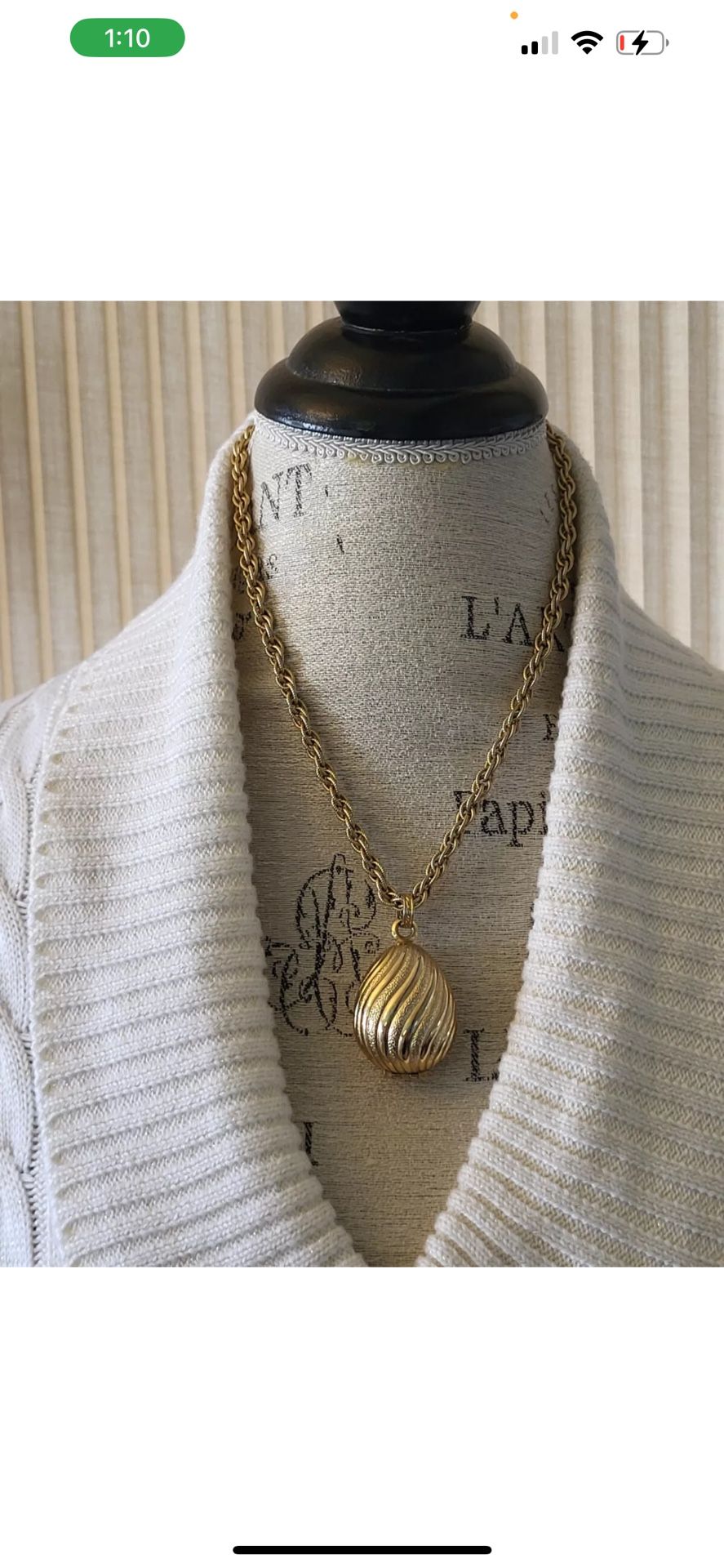 Vintage Avon Gold Tone Rope Chain Neckless W/Egg Shaped Perfume Locket 1960s