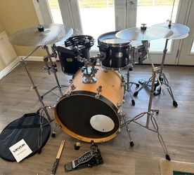 In Upland 91784. 4 piece drum set Ludwig snare & 10” 14 Export toms PDP FS birch 22” bass BW5000 pedal cowbell new quiet cymbals throne $575 cash in U