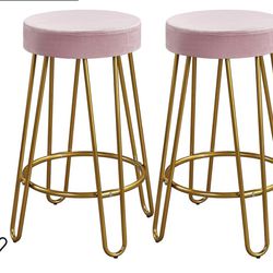 Round Kitchen Counter Stool Home Bar Height Stools with Golden Hairpin Legs Upholstered Velvet Seat for Kitchen/Dining Room Pink, Set of 2 (Package 1)