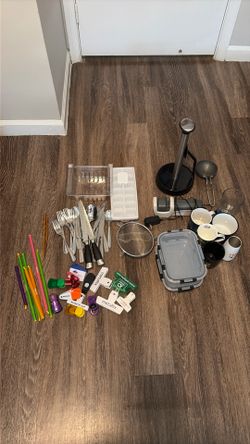 Kitchen stuff bundle - tuppleware, glass mugs and cups, paper towel holder, silverware set with good cutting knives, bag clips and sealers, ice holder