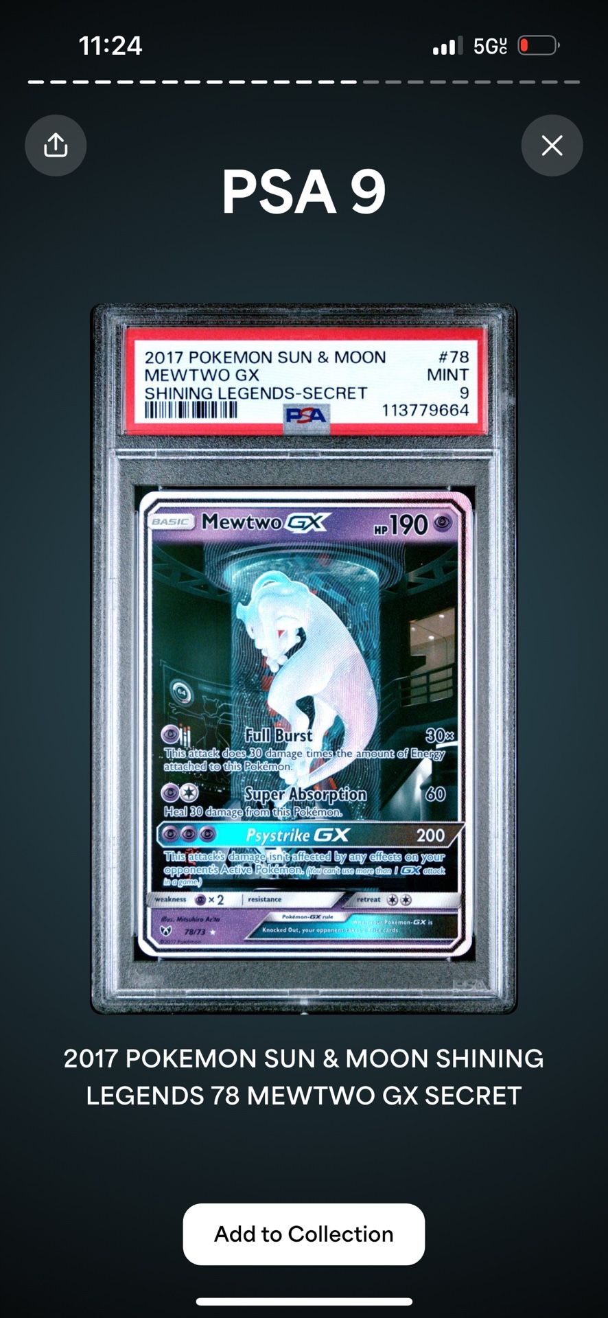 Pokemon Mewtwo GX aka Mewtube - PSA 9