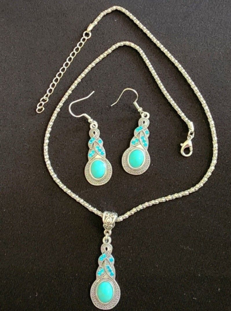 Turquoise and Silver Earrings/Necklace Set