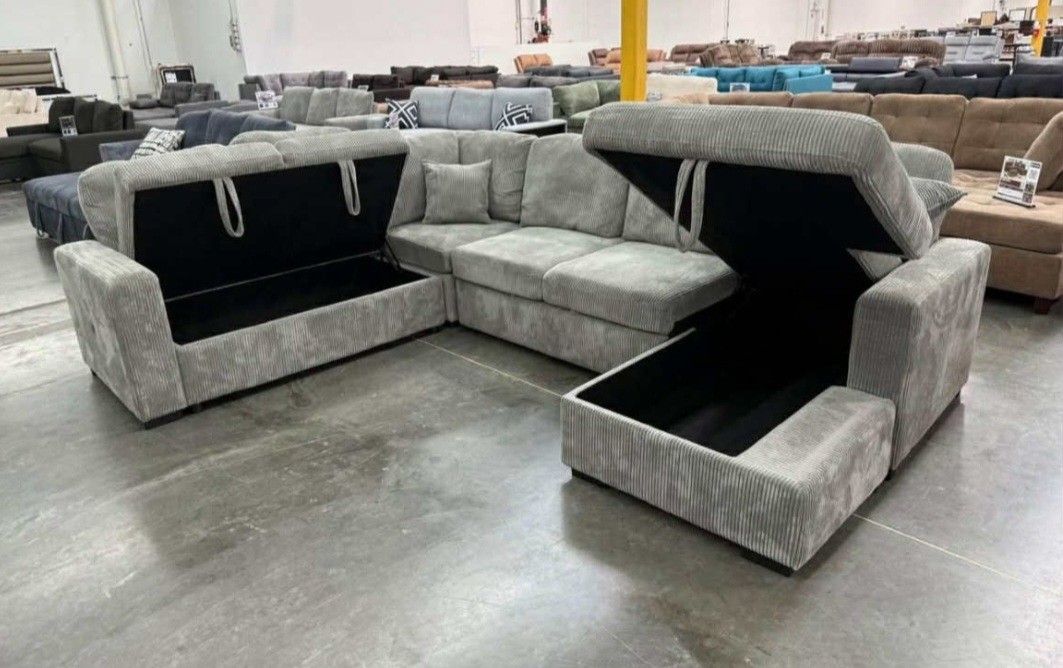✅️✅️4 pc Grey corduroy fabric sectional sofa with storage chaise and love seat and pop up sleep area in center USB charging✅️✅️