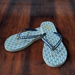 Tory Burch Navy Blue And White Geometric Flip Flops Size 8 